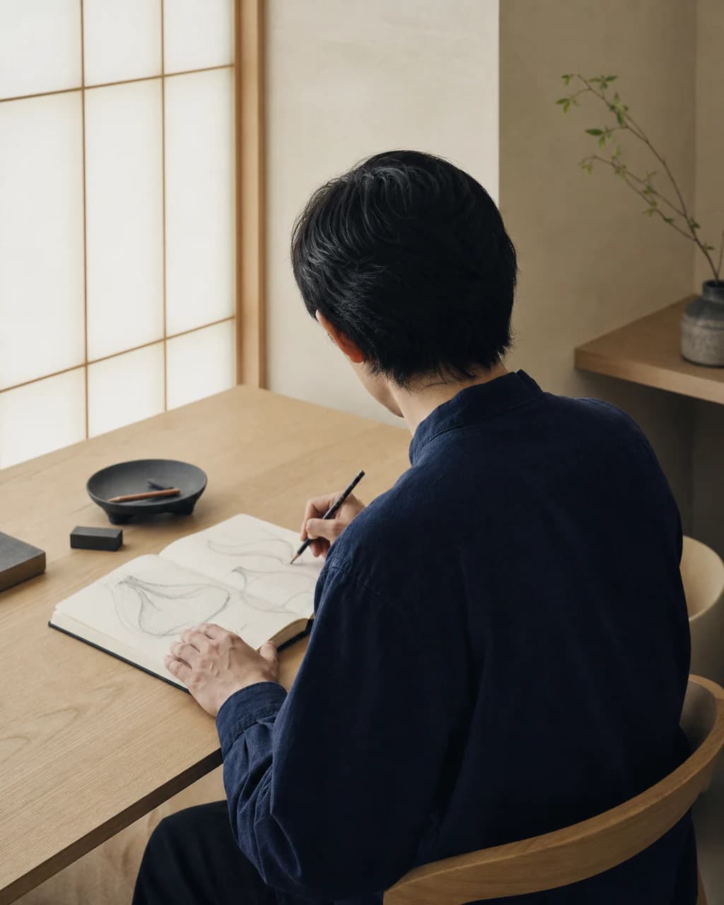 A figure seen from behind sketching a form in a softly lit interior