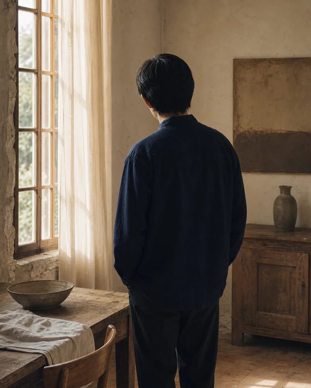 A figure seen from behind observing window light in a warm interior