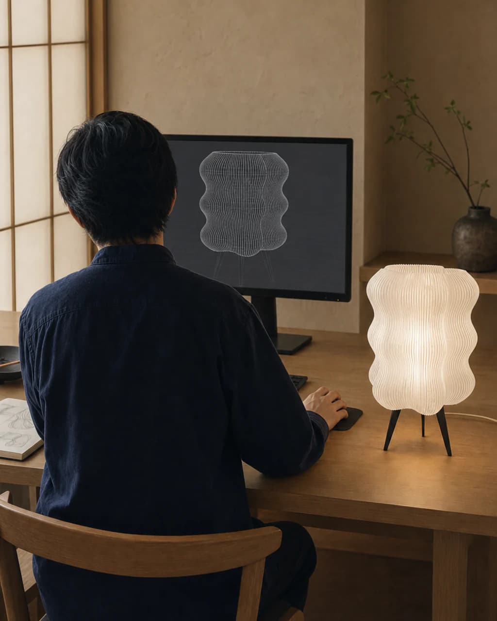A figure working on the undulating form of Kumo 01 in a studio